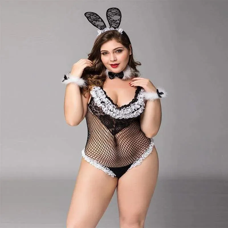 Plus Size Bunny Girl - Fishnet See Through Sexy Lingerie Set Erotic Costume