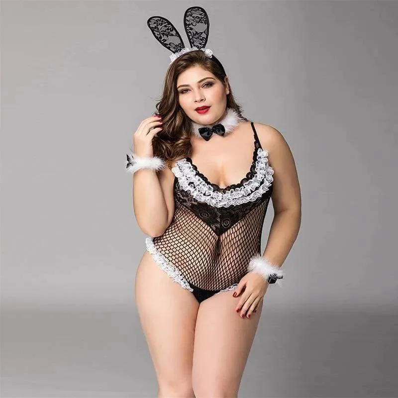 Plus Size Bunny Girl - Fishnet See Through Sexy Lingerie Set Erotic Costume