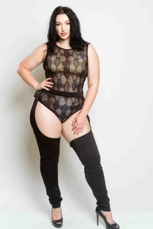 Plus Size Diamond See Through Mesh Chap Set