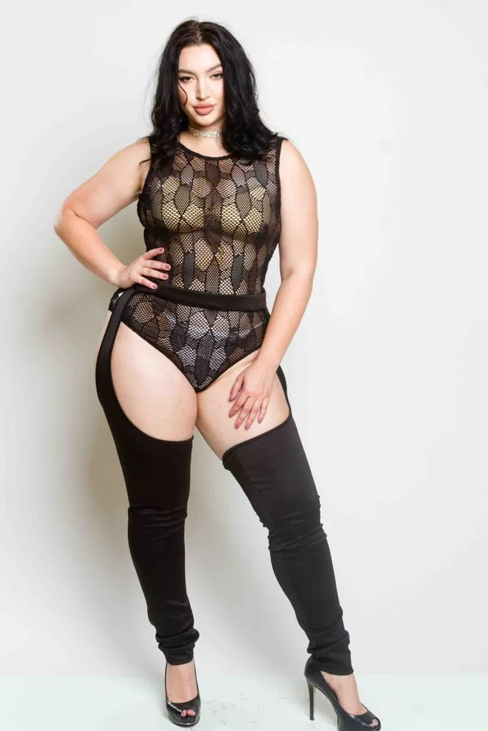Plus Size Diamond See Through Mesh Chap Set
