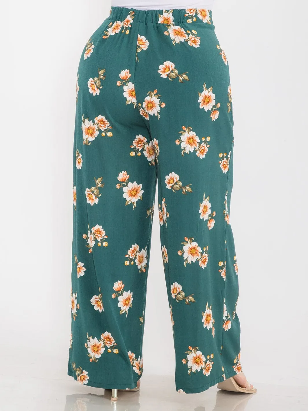 PLUS SIZE ELASTIC WAIST COLORBLOCK FLORAL WIDE LEG BOHO PANTS