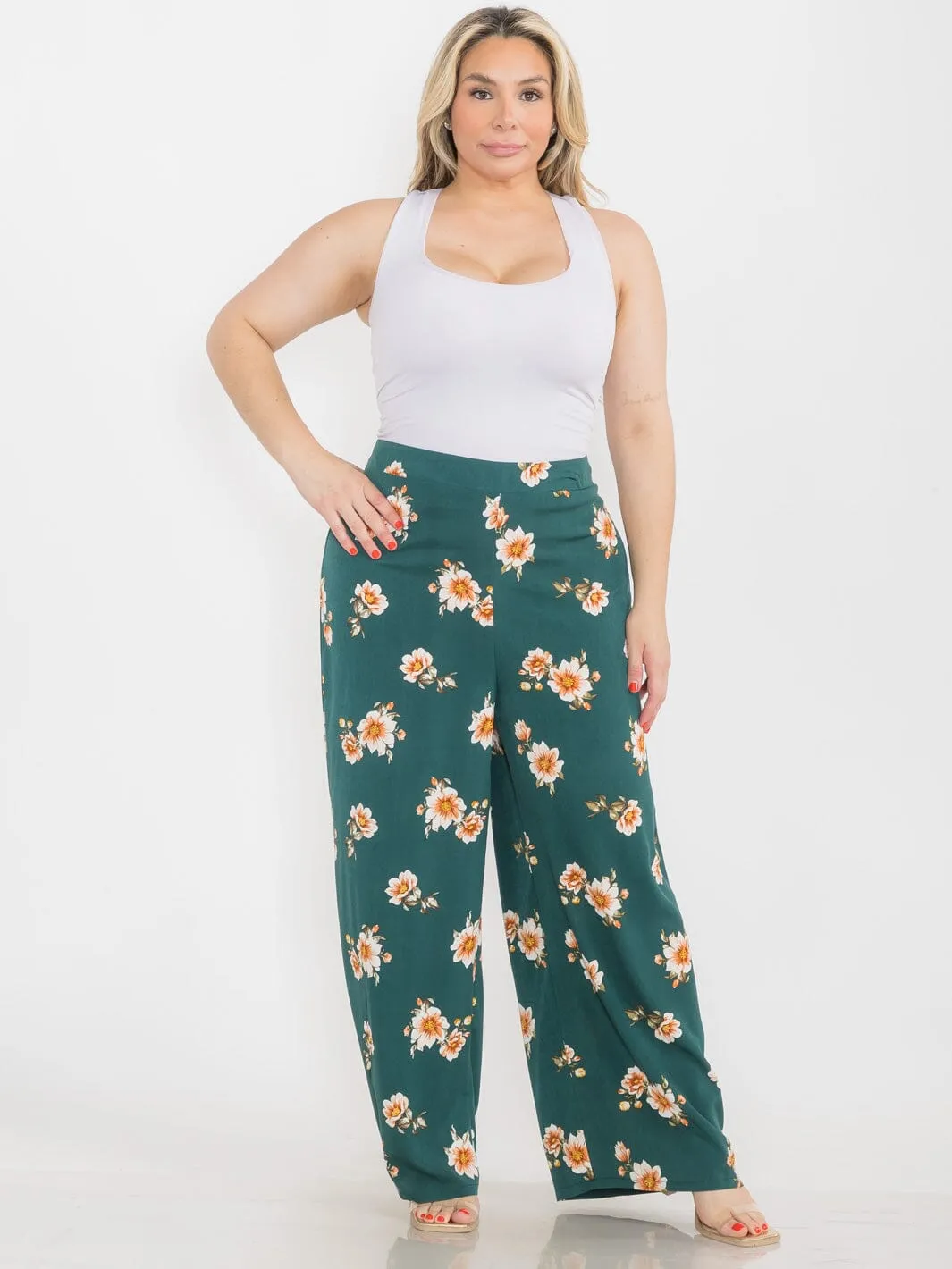 PLUS SIZE ELASTIC WAIST COLORBLOCK FLORAL WIDE LEG BOHO PANTS