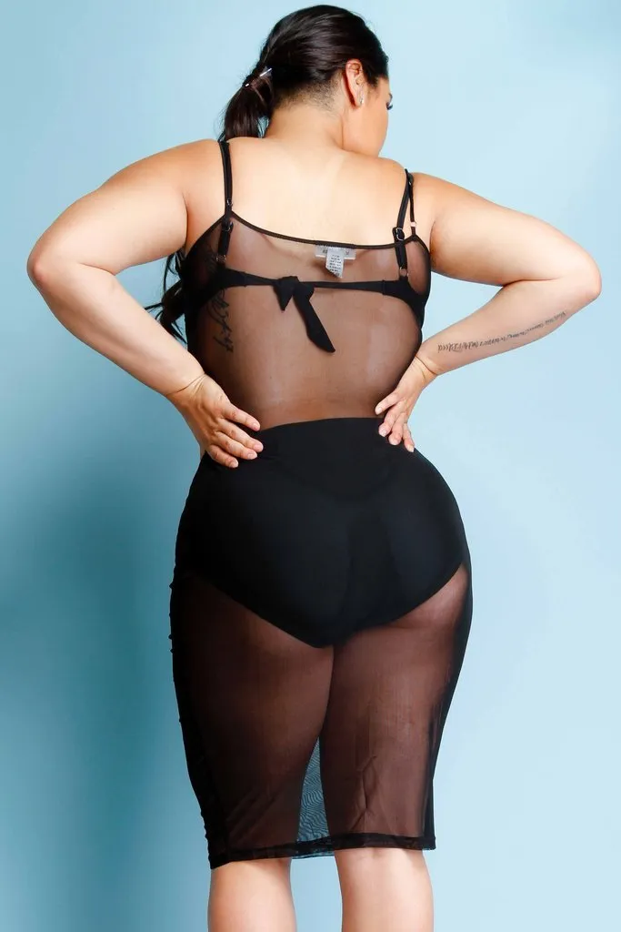Plus Size Piping Detail See Through Mesh Midi Dress