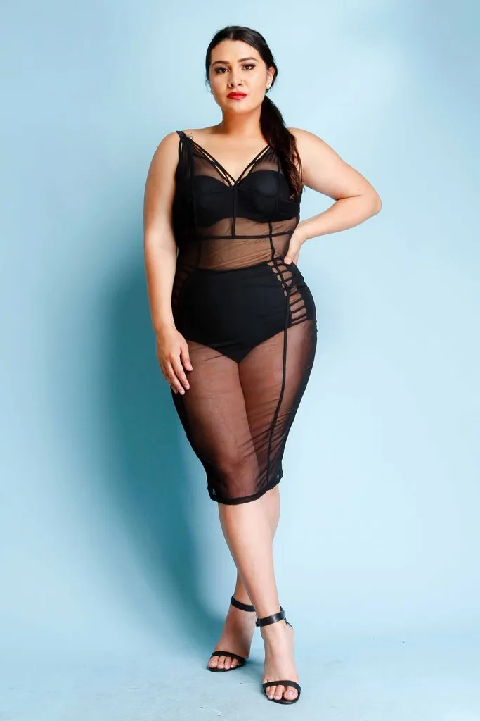 Plus Size Piping Detail See Through Mesh Midi Dress