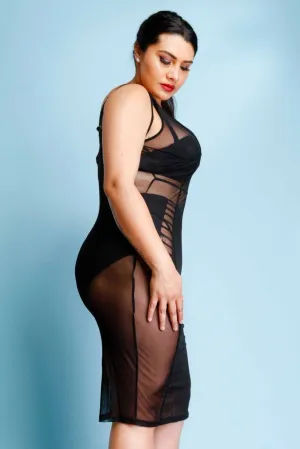 Plus Size Piping Detail See Through Mesh Midi Dress