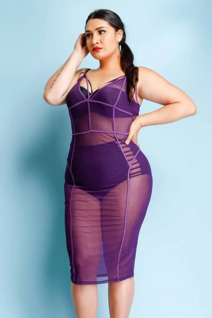 Plus Size Piping Detail See Through Mesh Midi Dress