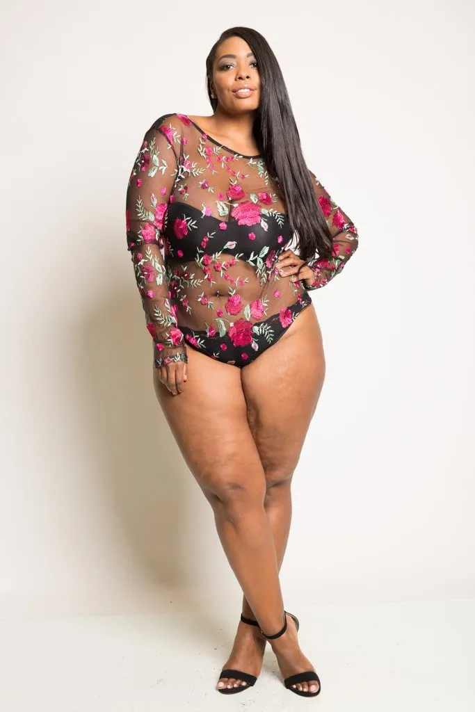 Plus Size Rose Embroidery See Through Mesh Bodysuit