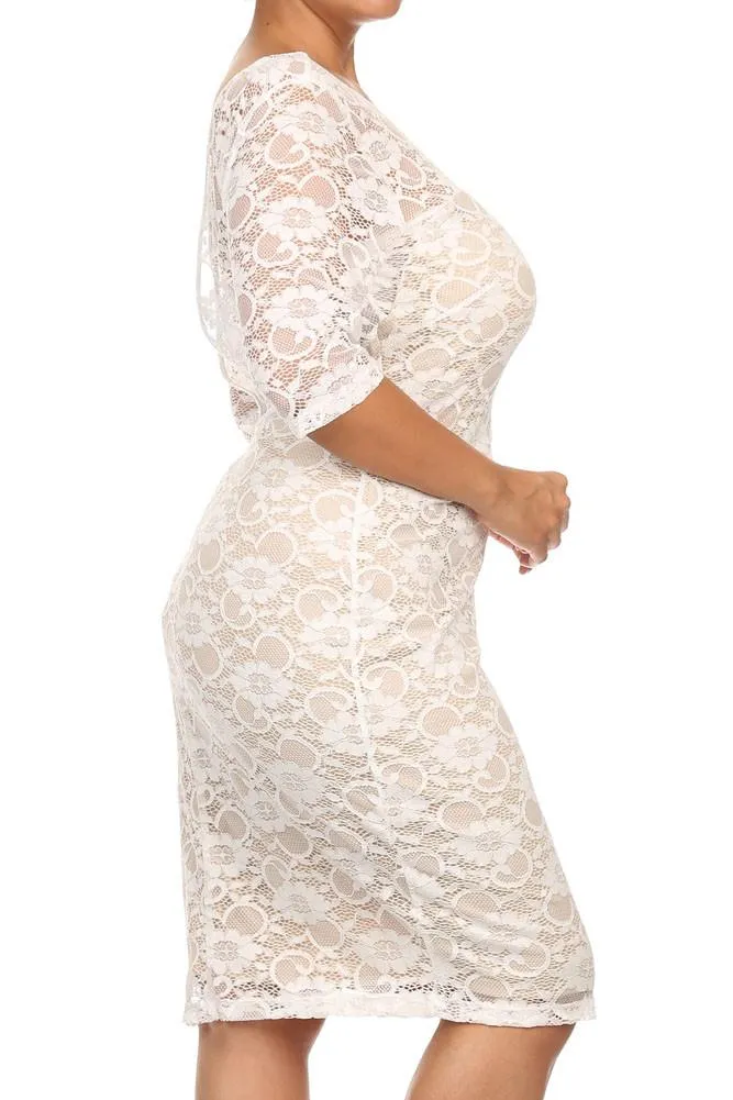 Plus Size See Through Lace Layered White Midi Dress