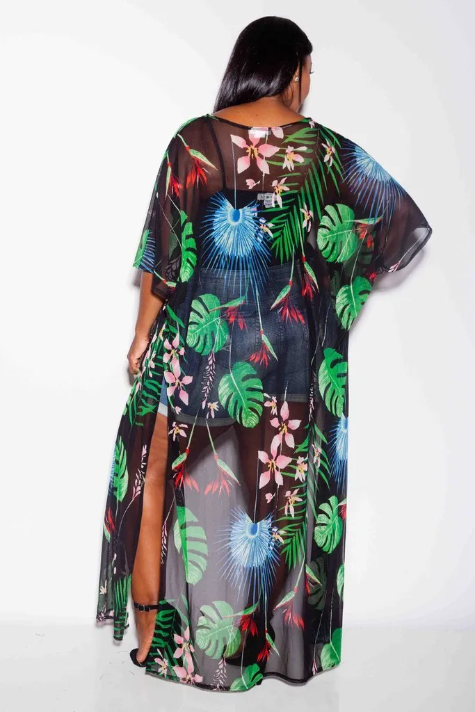 Plus Size Tropical See Through Mesh Robe