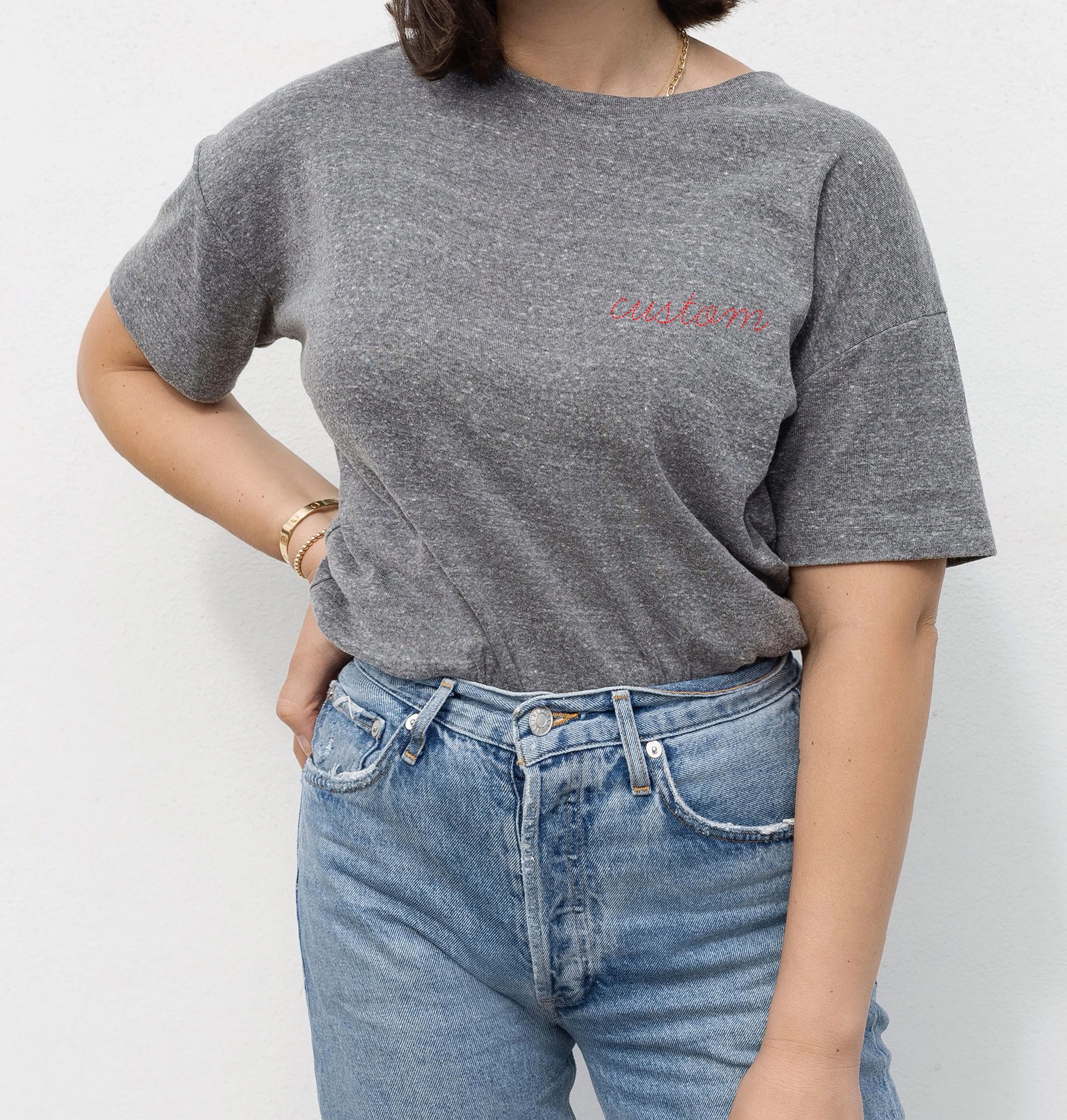 premium basic tee grey with custom embroidery