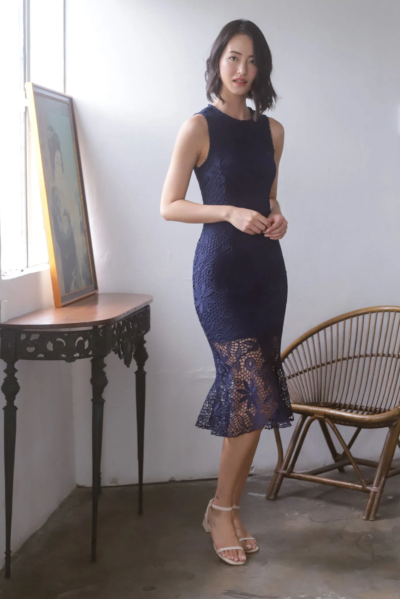 *Premium* TDC Greisy Crochet Removable Oriental Collar Dress In Navy Blue