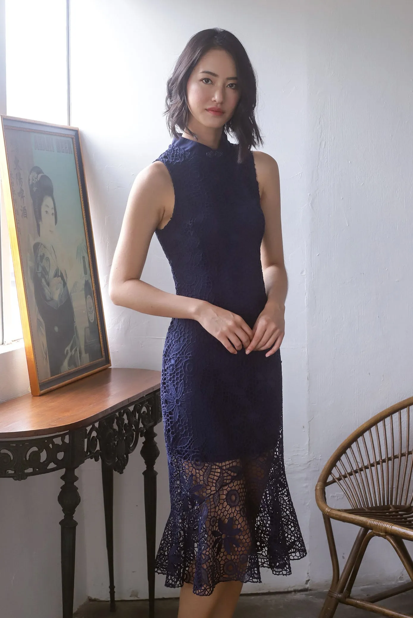 *Premium* TDC Greisy Crochet Removable Oriental Collar Dress In Navy Blue