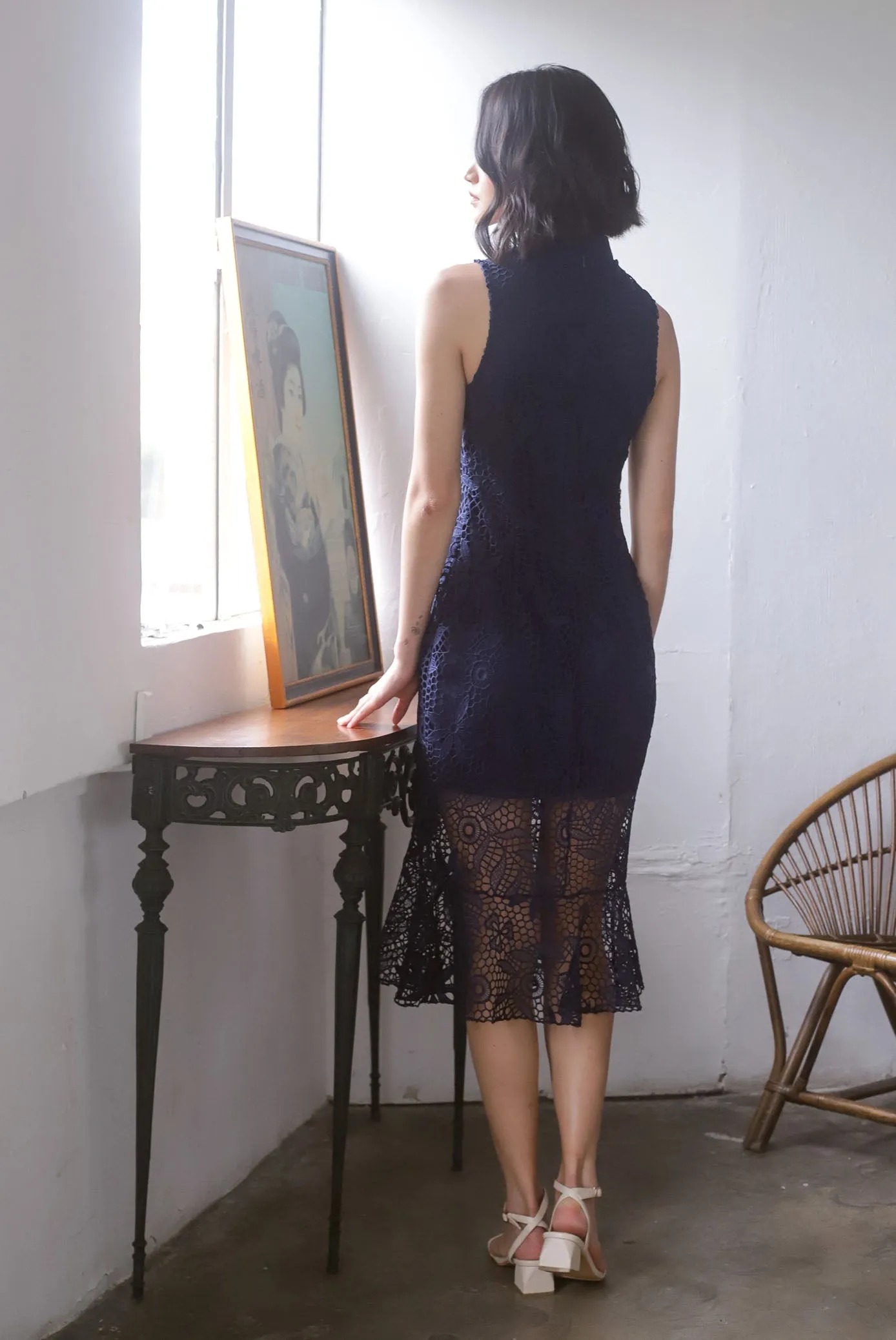*Premium* TDC Greisy Crochet Removable Oriental Collar Dress In Navy Blue