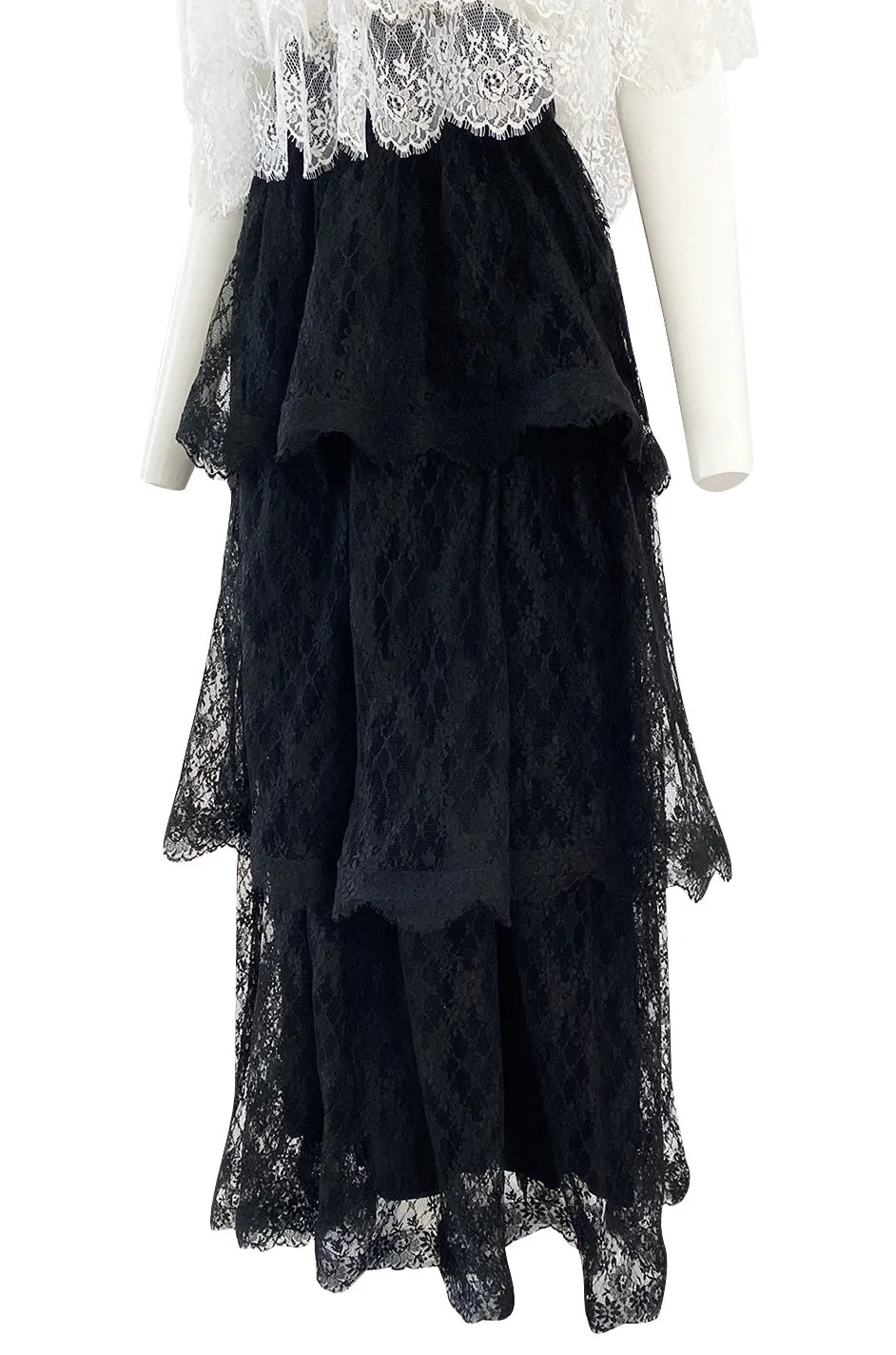 Prettiest 1970s Alfred Bosand Black & White Lace Tiered Off Shoulder Full Length Dress
