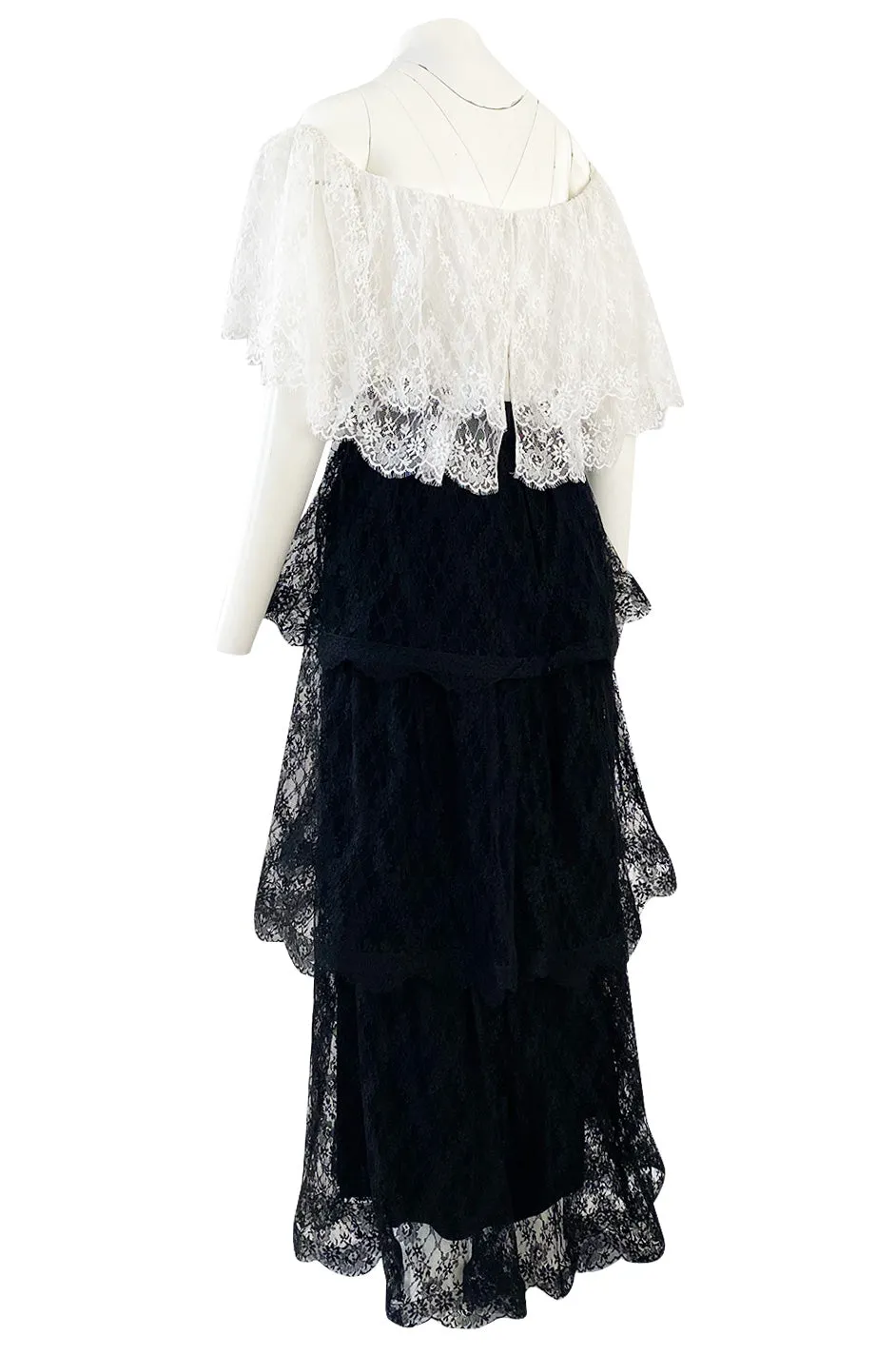 Prettiest 1970s Alfred Bosand Black & White Lace Tiered Off Shoulder Full Length Dress