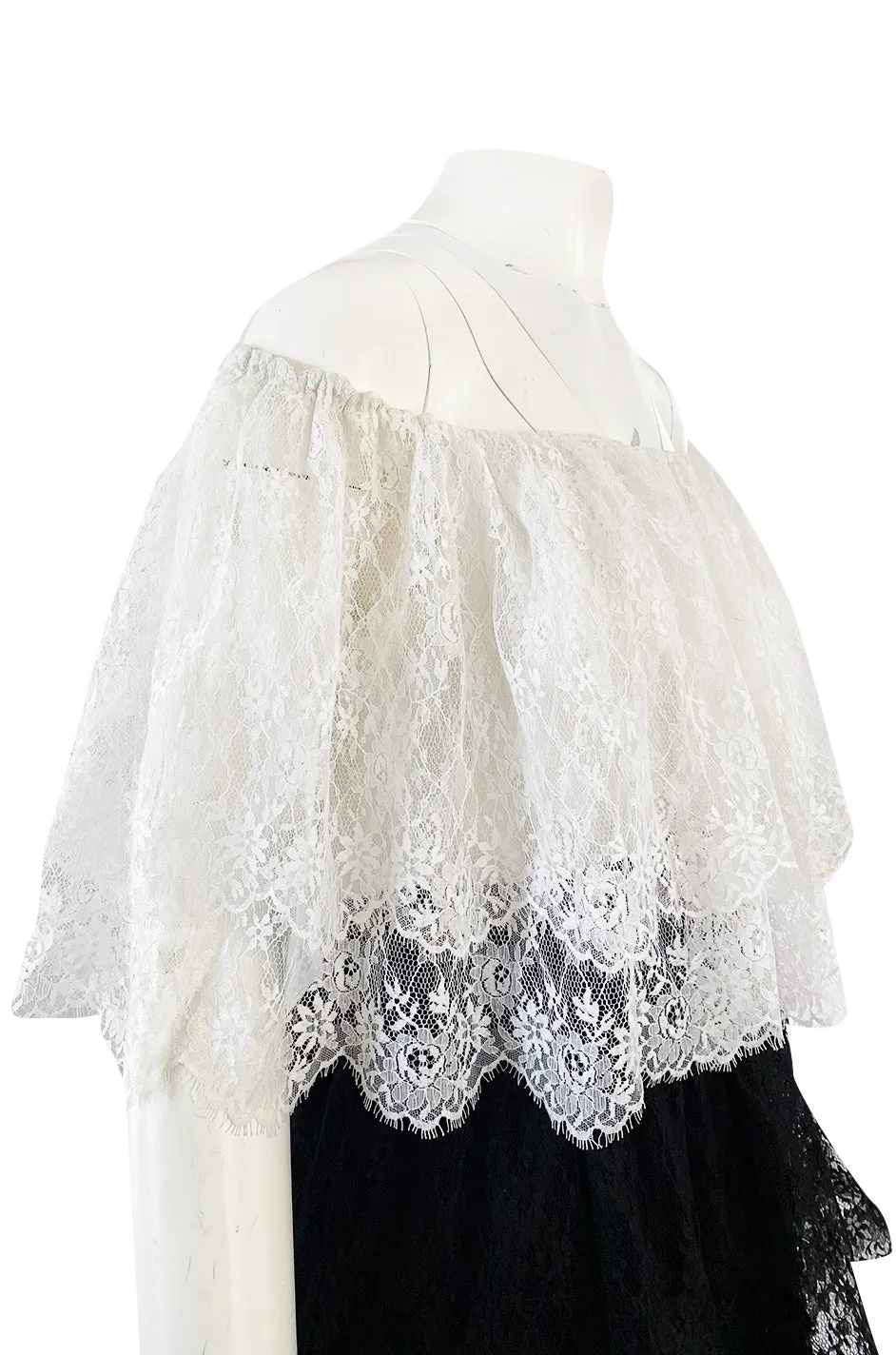Prettiest 1970s Alfred Bosand Black & White Lace Tiered Off Shoulder Full Length Dress