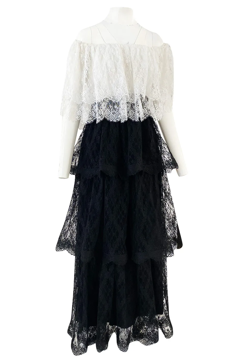 Prettiest 1970s Alfred Bosand Black & White Lace Tiered Off Shoulder Full Length Dress