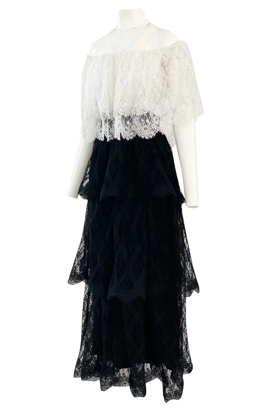 Prettiest 1970s Alfred Bosand Black & White Lace Tiered Off Shoulder Full Length Dress