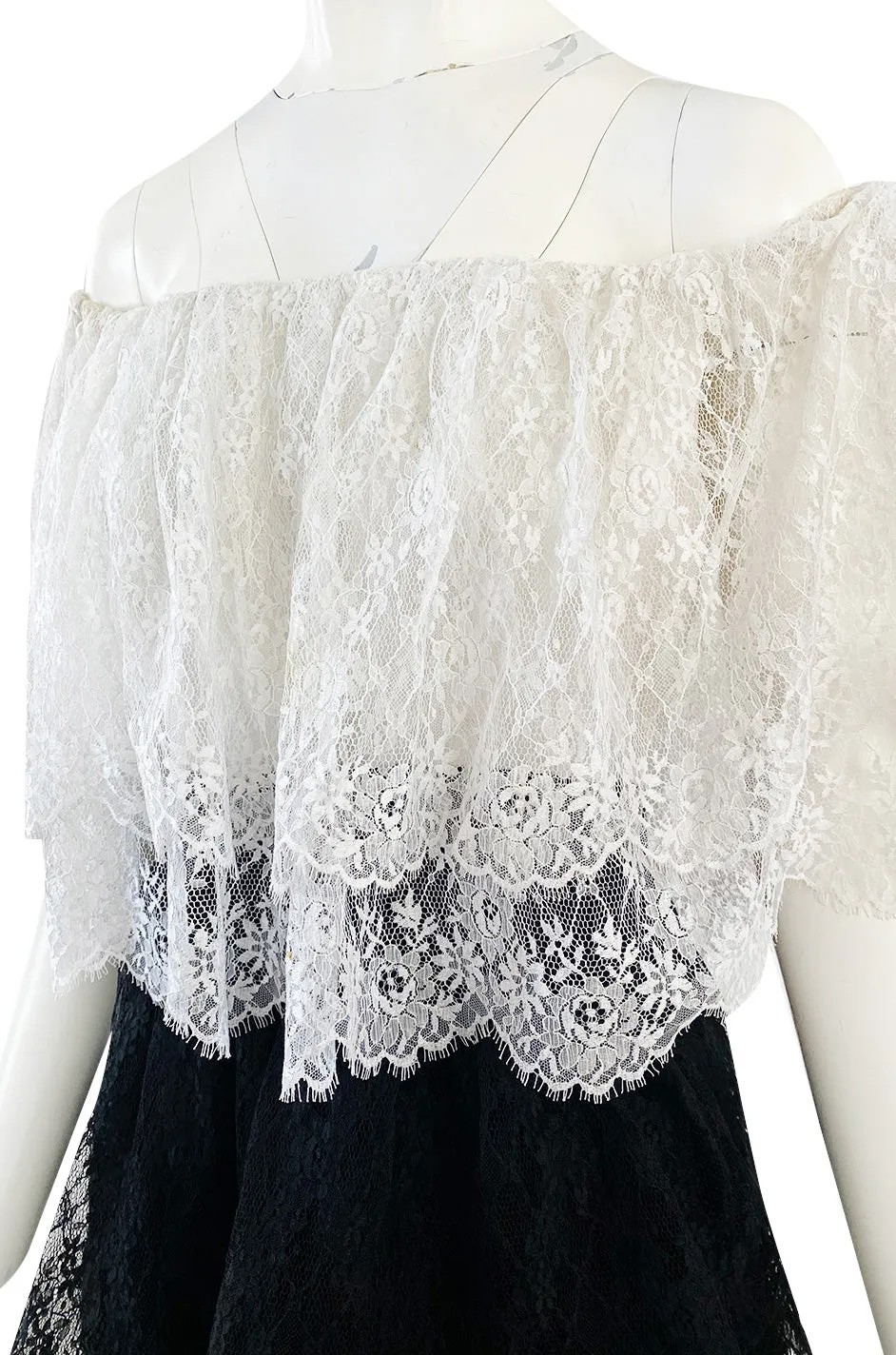 Prettiest 1970s Alfred Bosand Black & White Lace Tiered Off Shoulder Full Length Dress