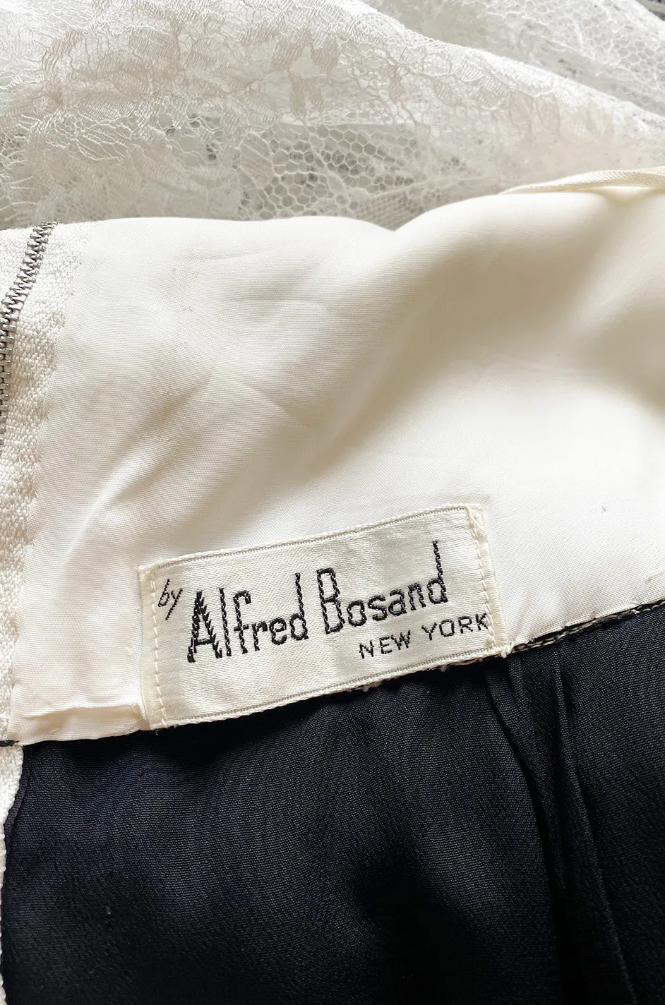 Prettiest 1970s Alfred Bosand Black & White Lace Tiered Off Shoulder Full Length Dress