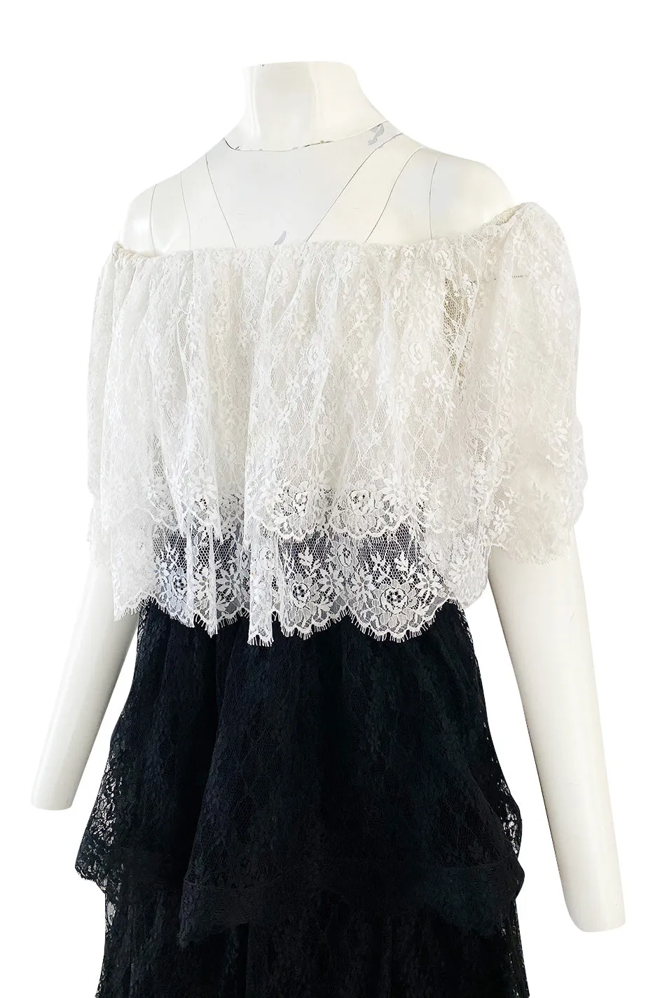Prettiest 1970s Alfred Bosand Black & White Lace Tiered Off Shoulder Full Length Dress