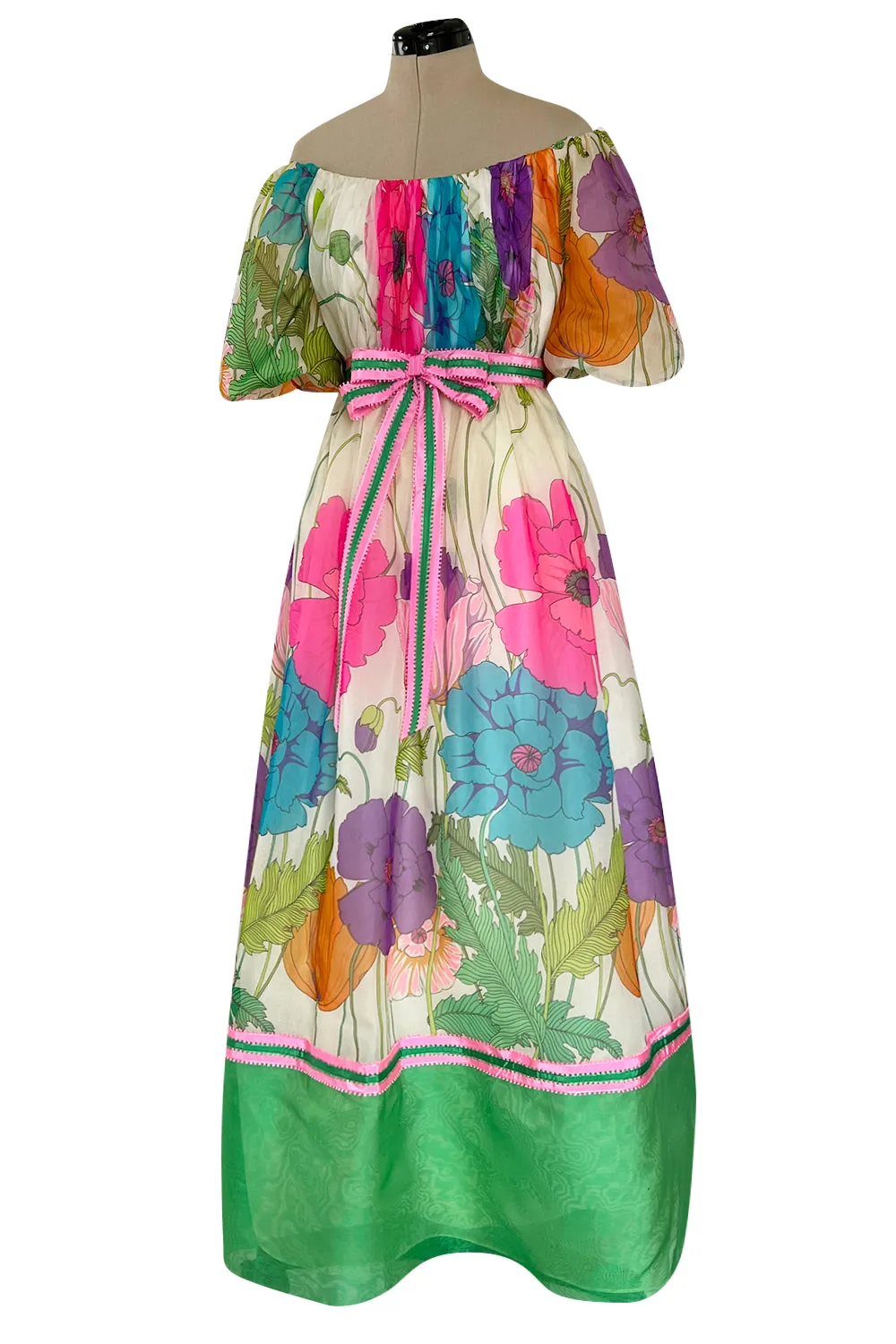Prettiest 1970s Victoria Royal Off Shoulder Silk Gazaar Floral Print Dress w Ribbon Belt