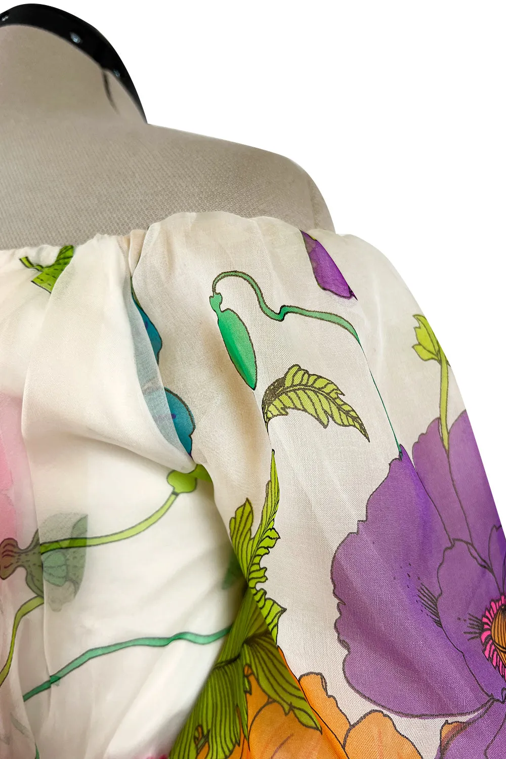 Prettiest 1970s Victoria Royal Off Shoulder Silk Gazaar Floral Print Dress w Ribbon Belt