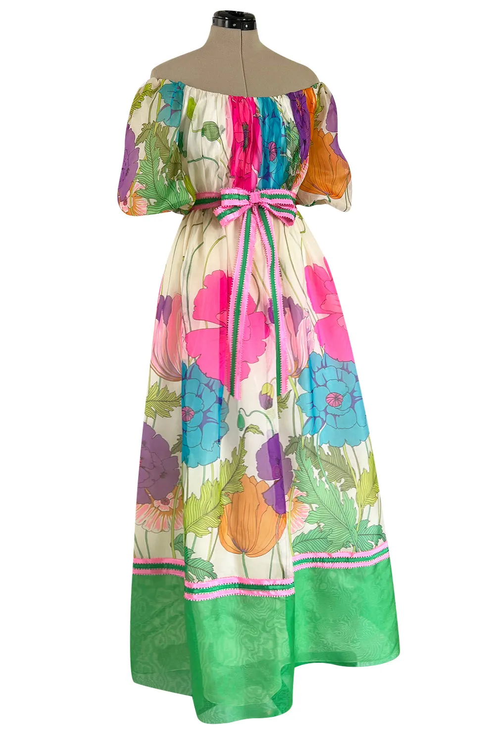 Prettiest 1970s Victoria Royal Off Shoulder Silk Gazaar Floral Print Dress w Ribbon Belt