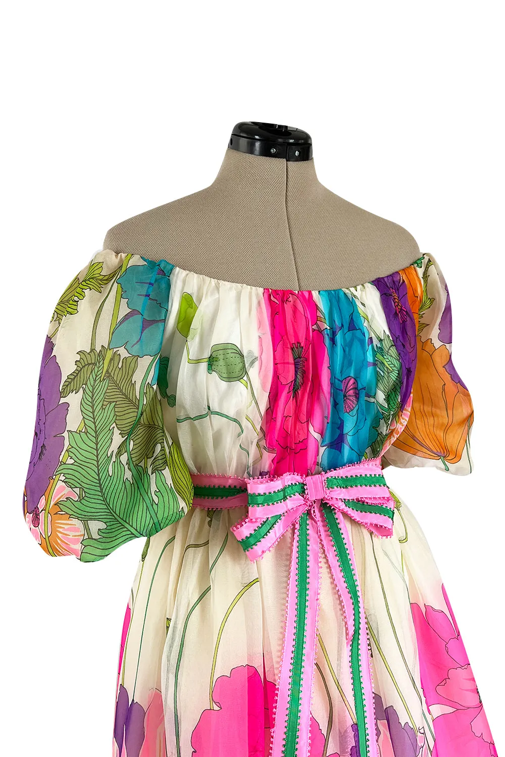 Prettiest 1970s Victoria Royal Off Shoulder Silk Gazaar Floral Print Dress w Ribbon Belt
