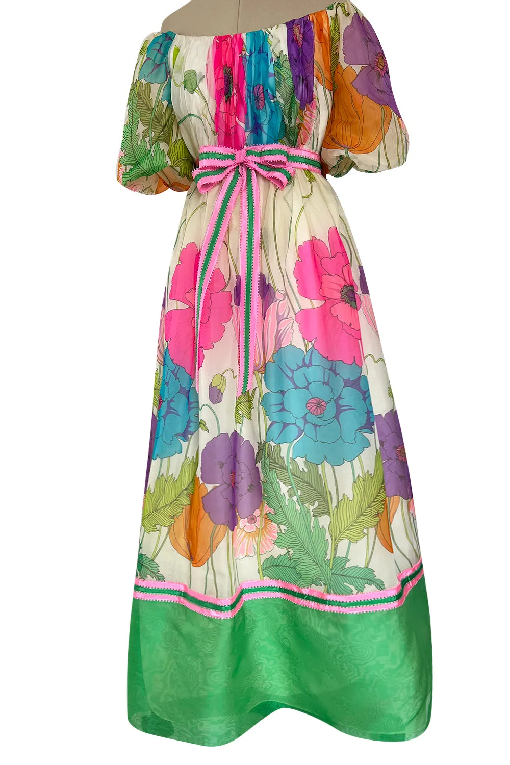 Prettiest 1970s Victoria Royal Off Shoulder Silk Gazaar Floral Print Dress w Ribbon Belt