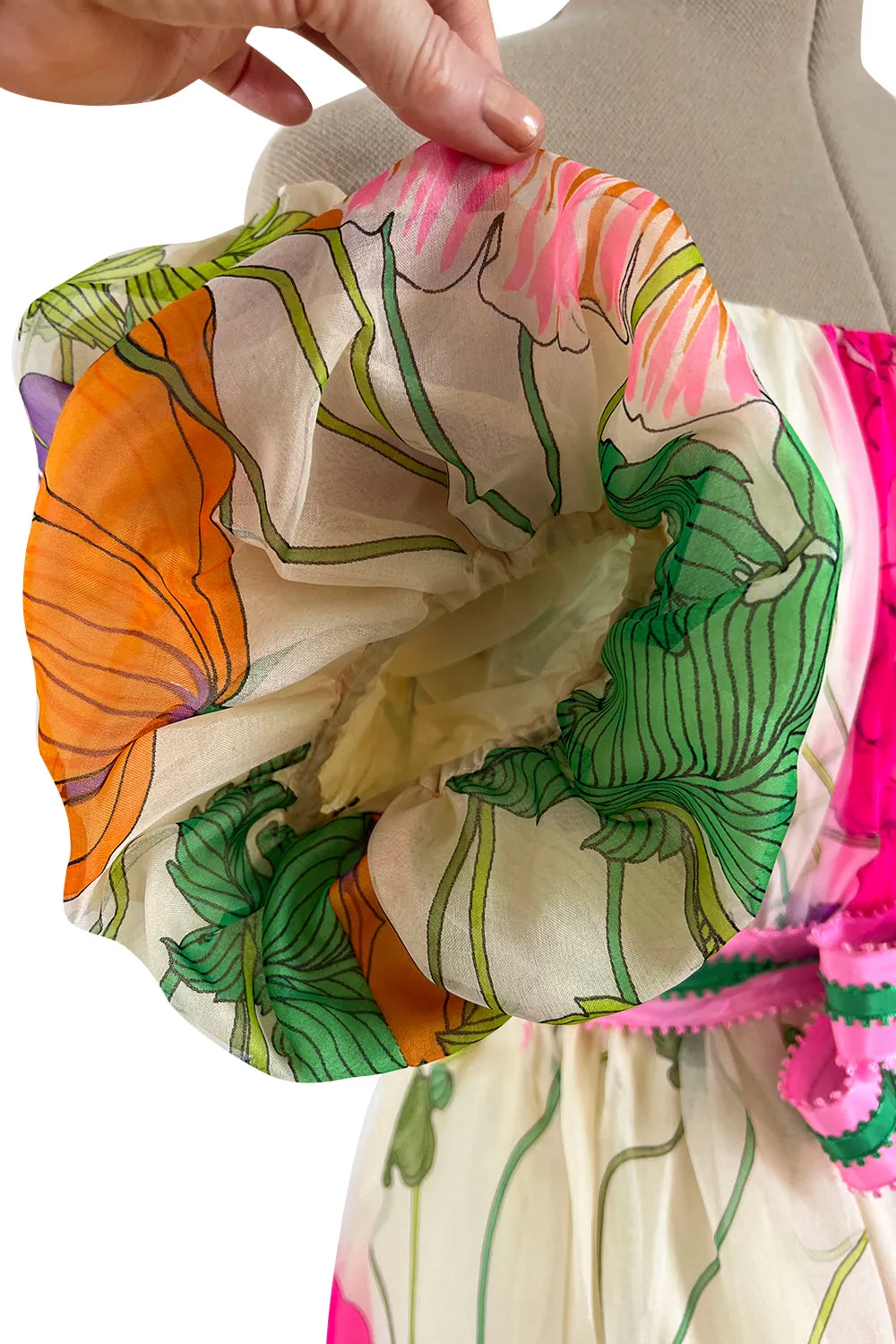 Prettiest 1970s Victoria Royal Off Shoulder Silk Gazaar Floral Print Dress w Ribbon Belt