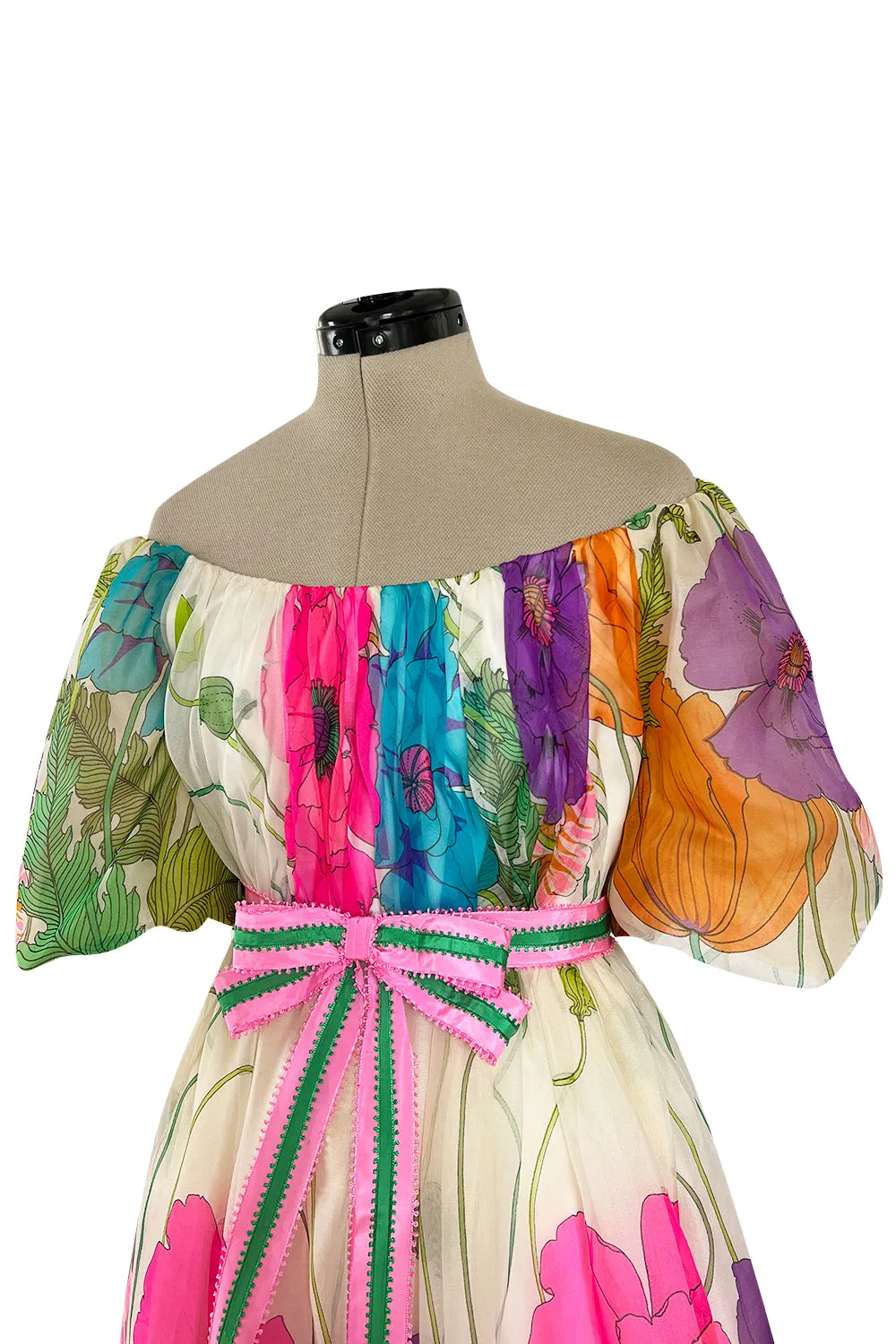 Prettiest 1970s Victoria Royal Off Shoulder Silk Gazaar Floral Print Dress w Ribbon Belt