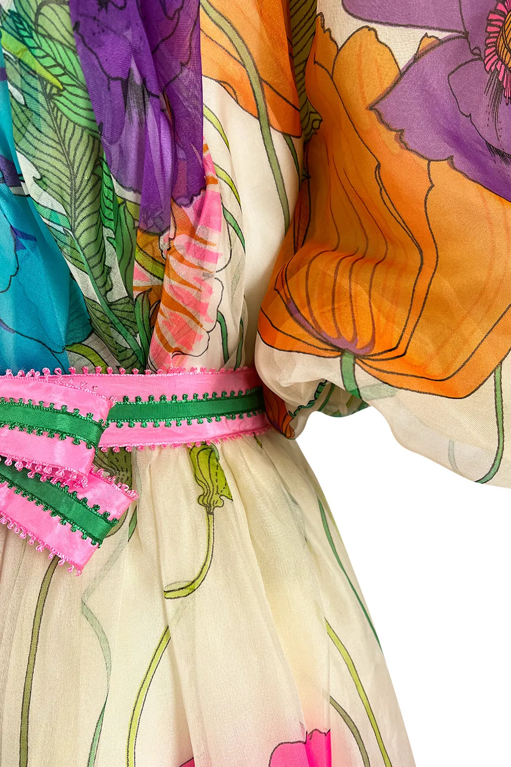 Prettiest 1970s Victoria Royal Off Shoulder Silk Gazaar Floral Print Dress w Ribbon Belt