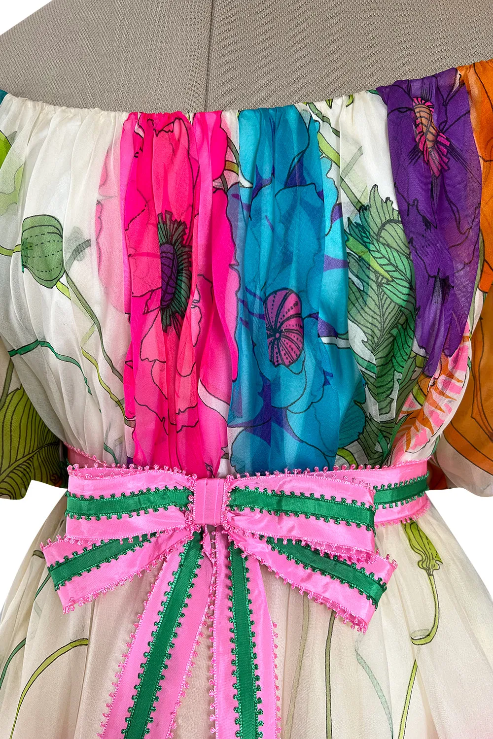 Prettiest 1970s Victoria Royal Off Shoulder Silk Gazaar Floral Print Dress w Ribbon Belt