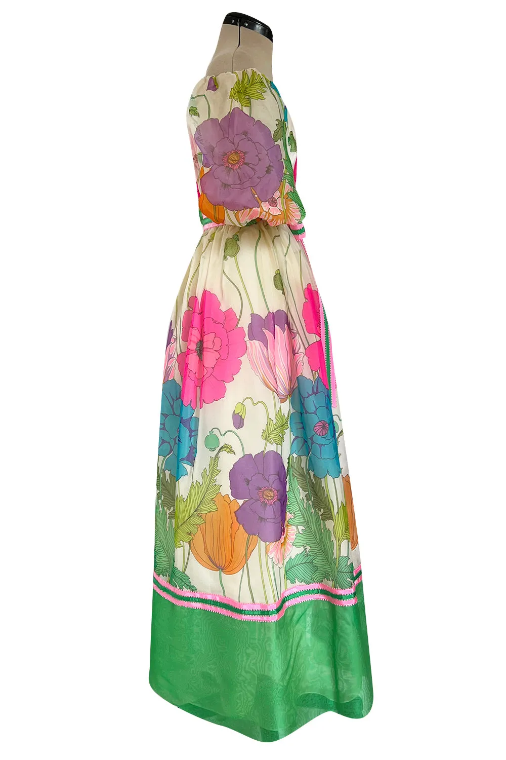 Prettiest 1970s Victoria Royal Off Shoulder Silk Gazaar Floral Print Dress w Ribbon Belt