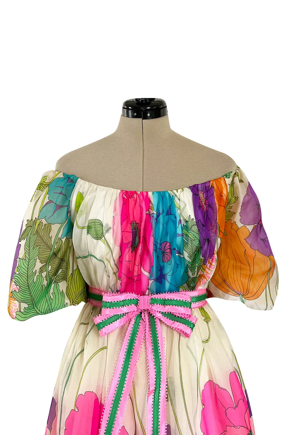 Prettiest 1970s Victoria Royal Off Shoulder Silk Gazaar Floral Print Dress w Ribbon Belt