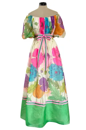 Prettiest 1970s Victoria Royal Off Shoulder Silk Gazaar Floral Print Dress w Ribbon Belt