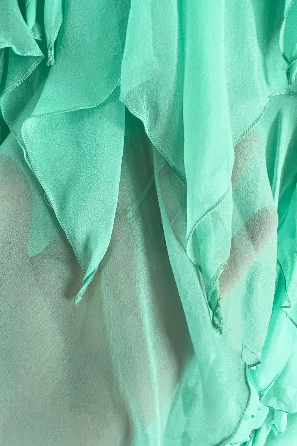Prettiest 1980s Stavropoulos Soft Mint Green Silk Chiffon Dress w Full Cape Sleeves