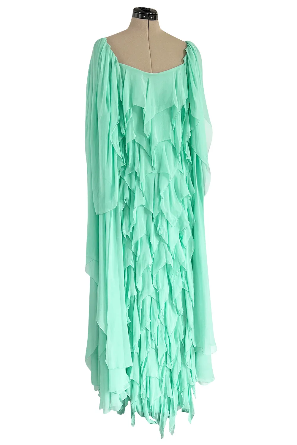 Prettiest 1980s Stavropoulos Soft Mint Green Silk Chiffon Dress w Full Cape Sleeves