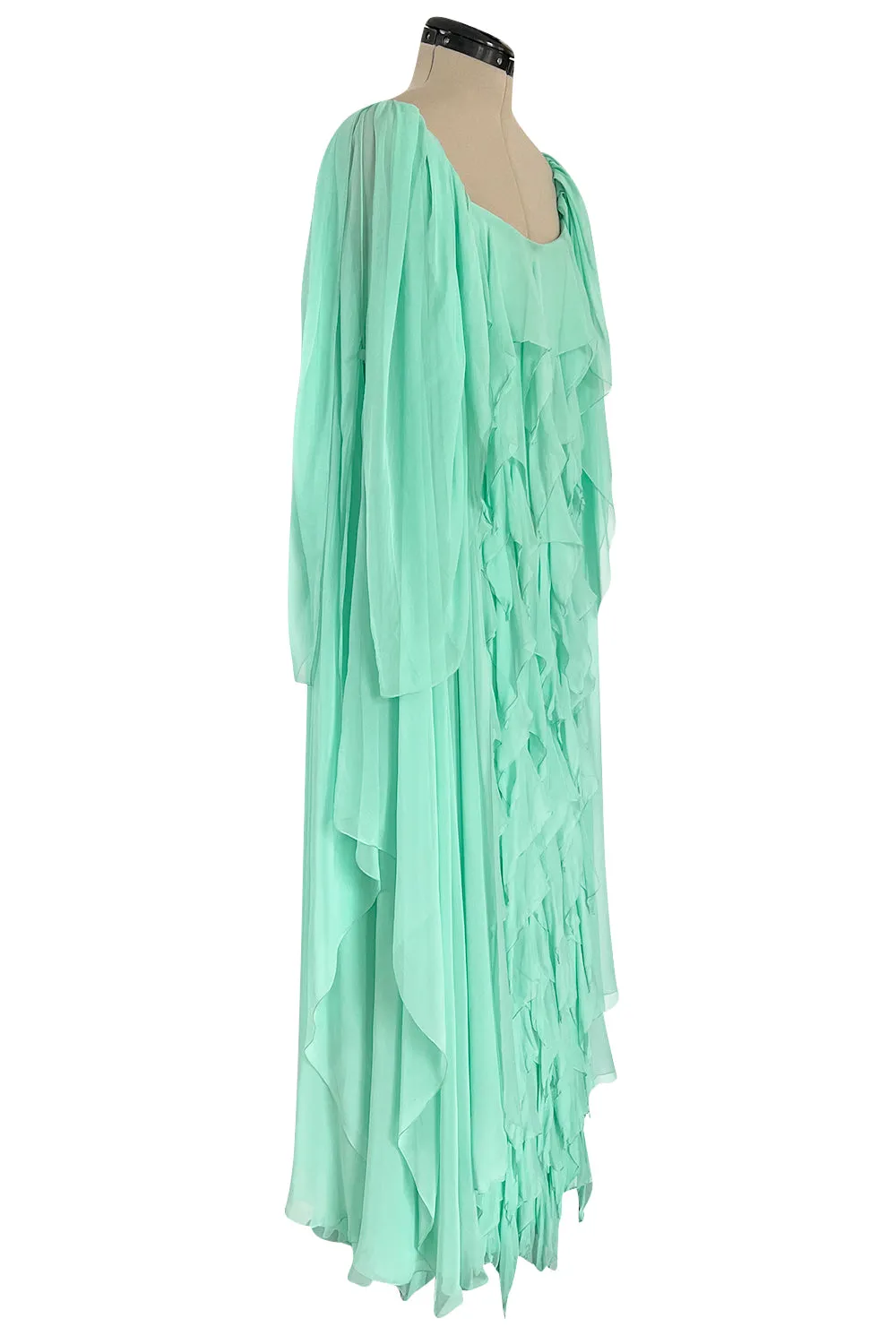 Prettiest 1980s Stavropoulos Soft Mint Green Silk Chiffon Dress w Full Cape Sleeves