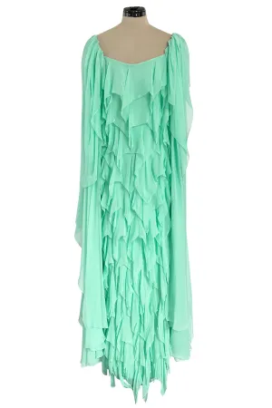 Prettiest 1980s Stavropoulos Soft Mint Green Silk Chiffon Dress w Full Cape Sleeves