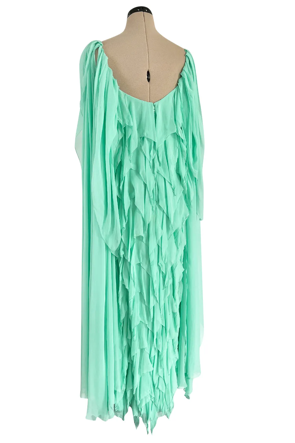 Prettiest 1980s Stavropoulos Soft Mint Green Silk Chiffon Dress w Full Cape Sleeves