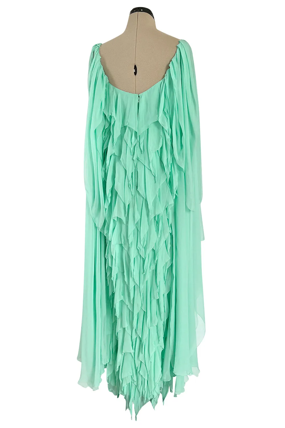 Prettiest 1980s Stavropoulos Soft Mint Green Silk Chiffon Dress w Full Cape Sleeves