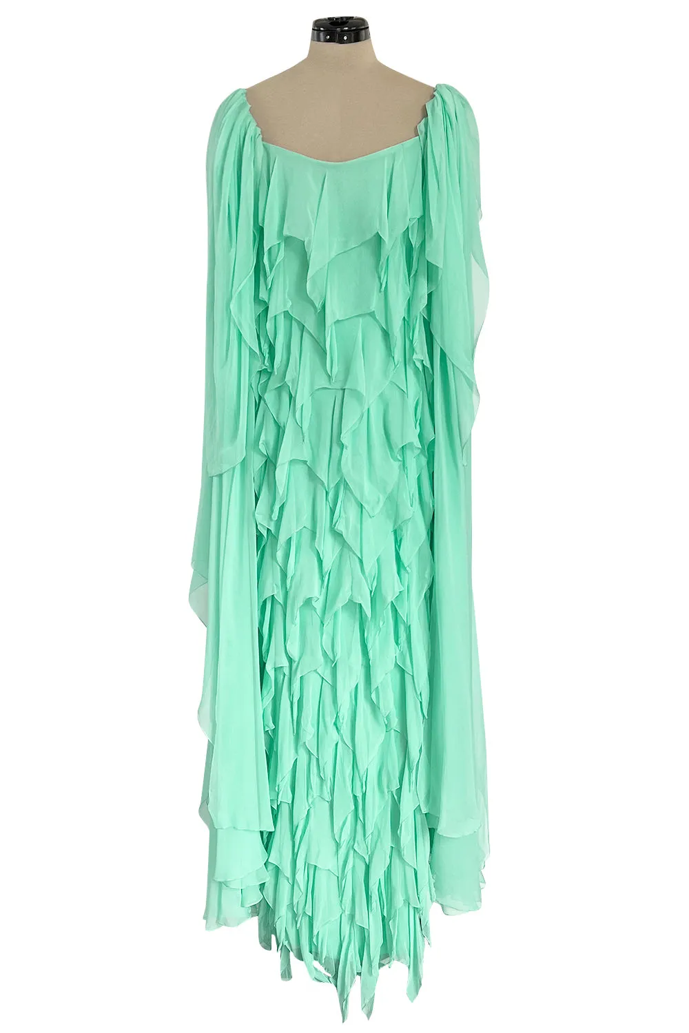 Prettiest 1980s Stavropoulos Soft Mint Green Silk Chiffon Dress w Full Cape Sleeves