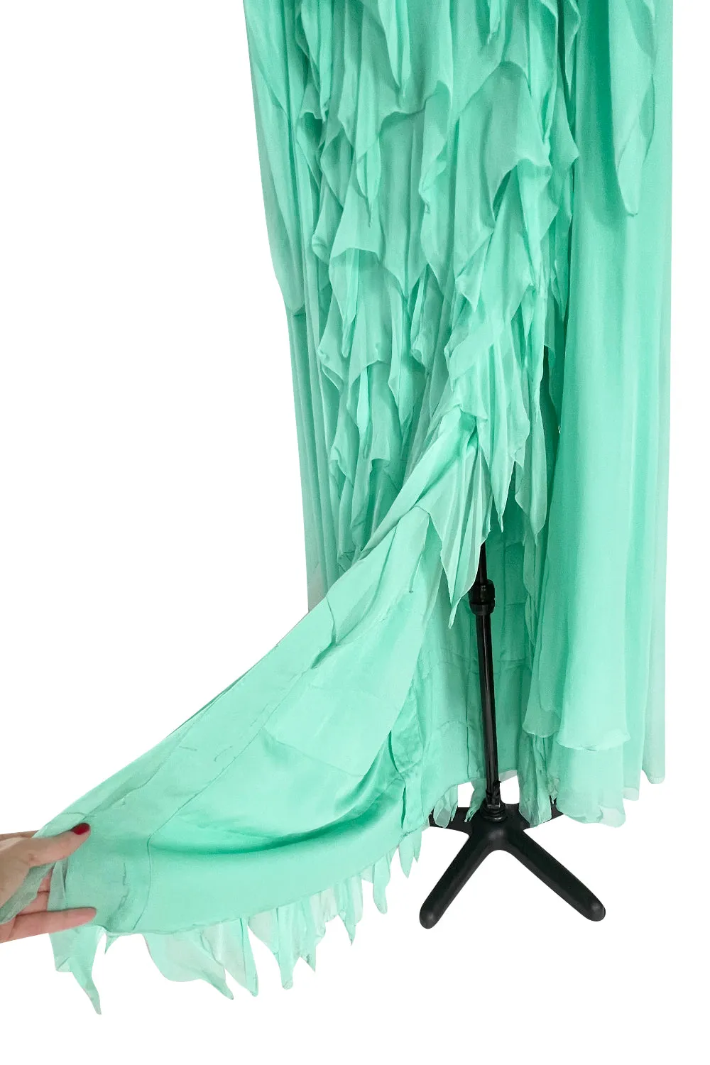 Prettiest 1980s Stavropoulos Soft Mint Green Silk Chiffon Dress w Full Cape Sleeves