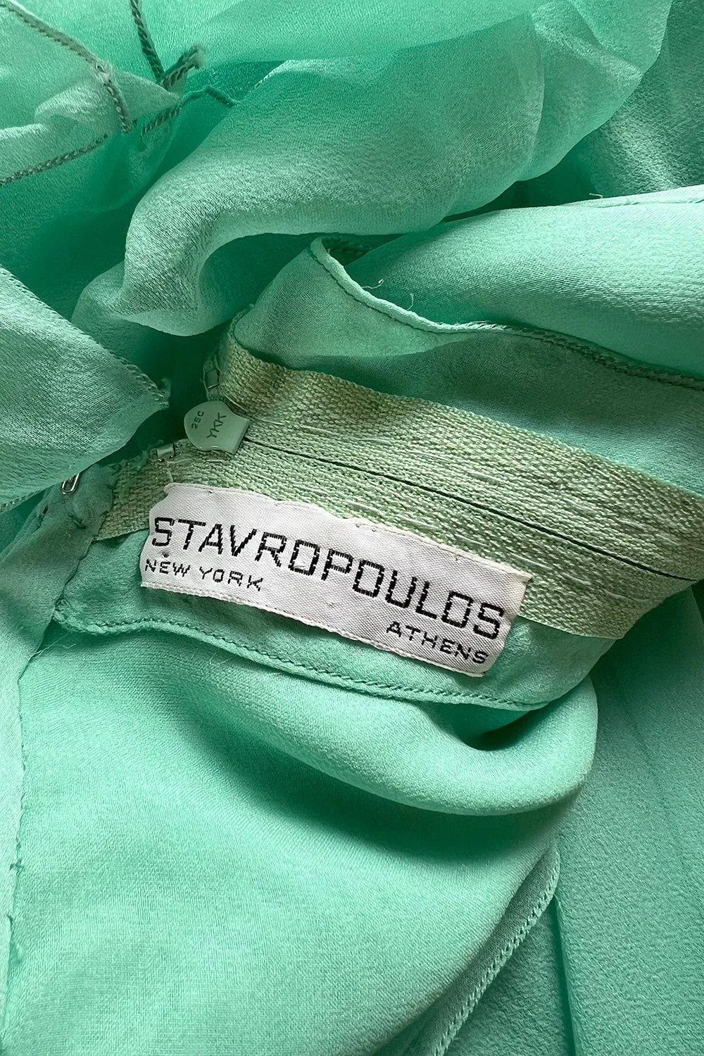 Prettiest 1980s Stavropoulos Soft Mint Green Silk Chiffon Dress w Full Cape Sleeves