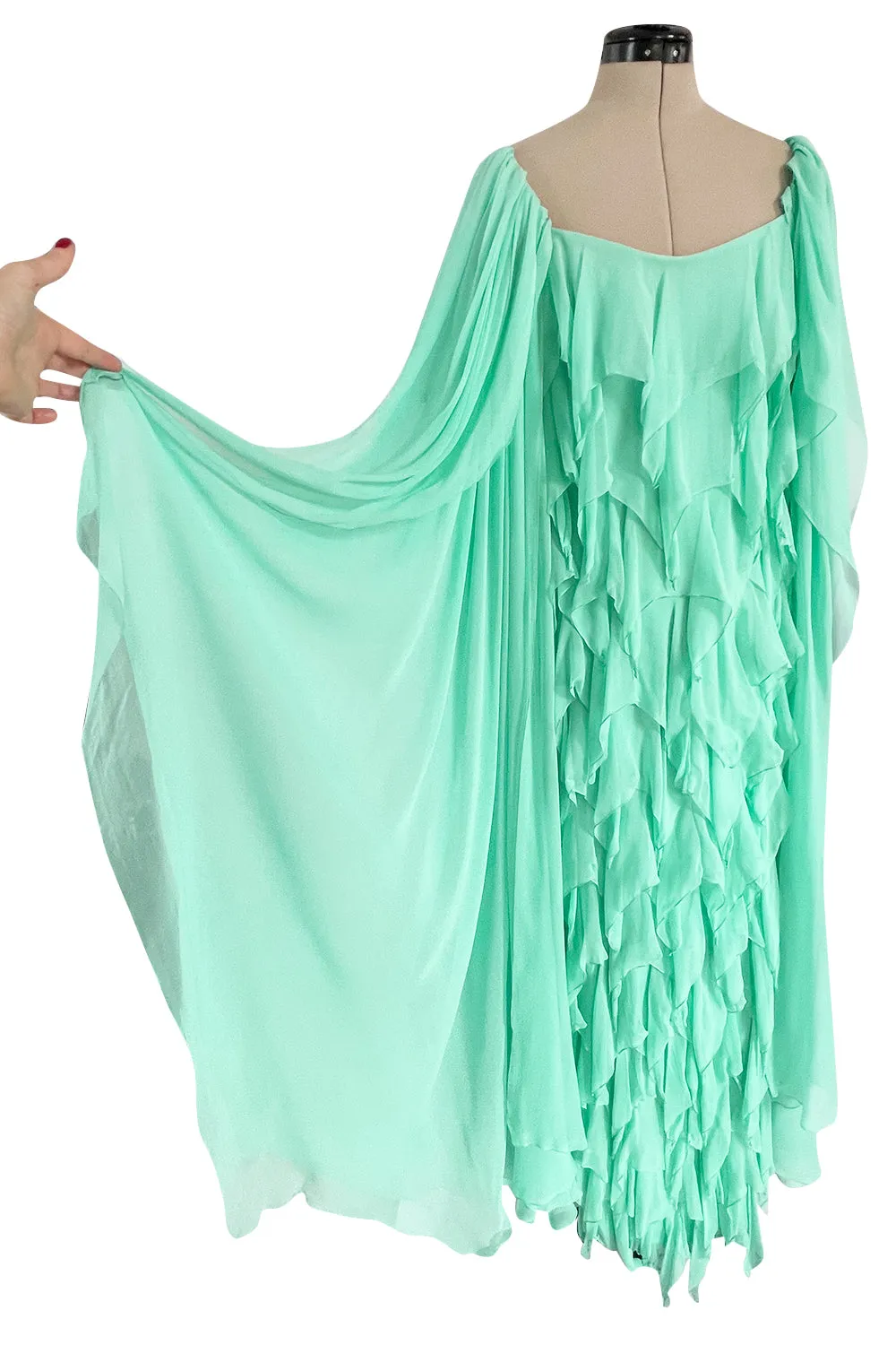 Prettiest 1980s Stavropoulos Soft Mint Green Silk Chiffon Dress w Full Cape Sleeves