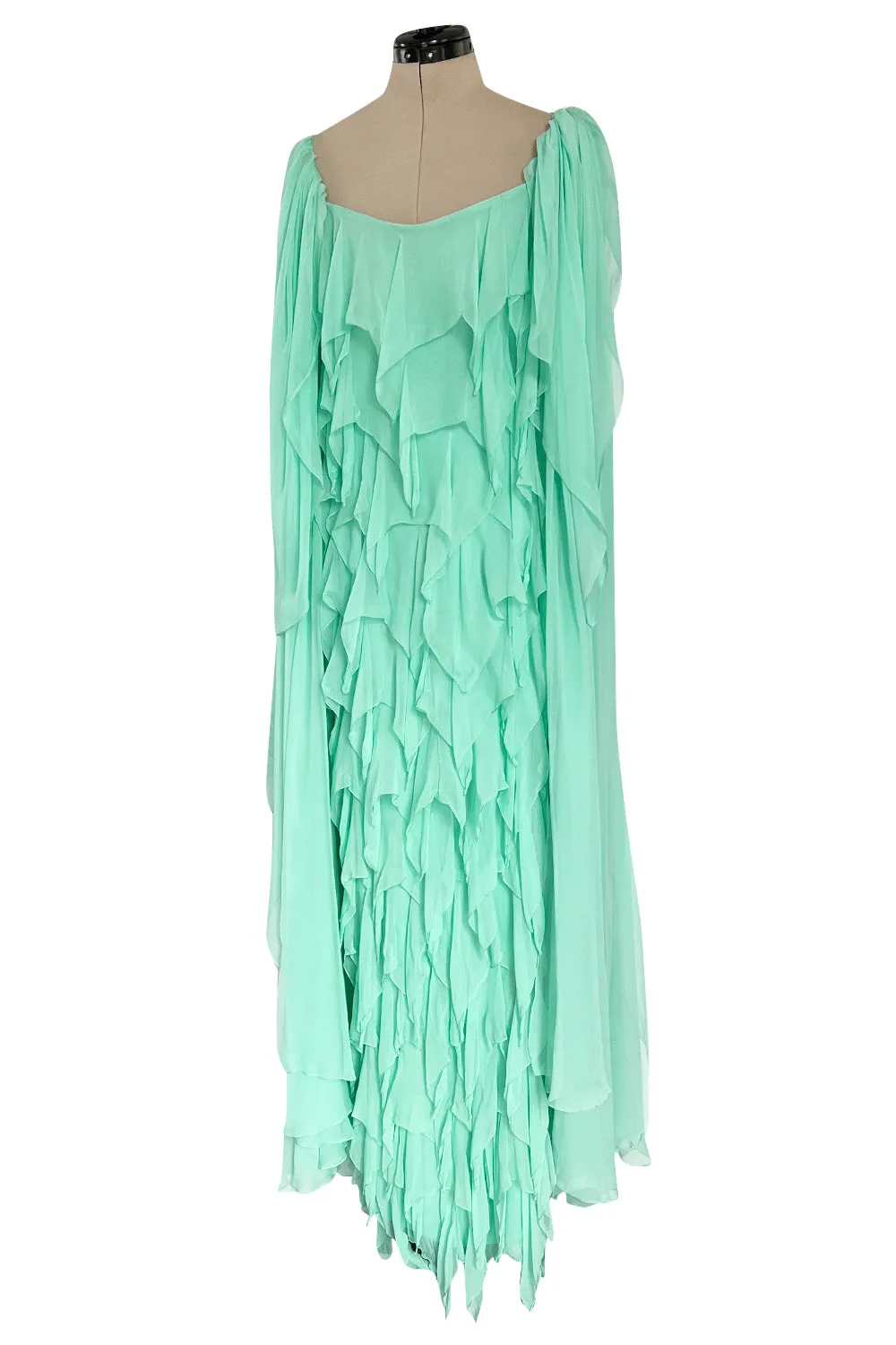 Prettiest 1980s Stavropoulos Soft Mint Green Silk Chiffon Dress w Full Cape Sleeves