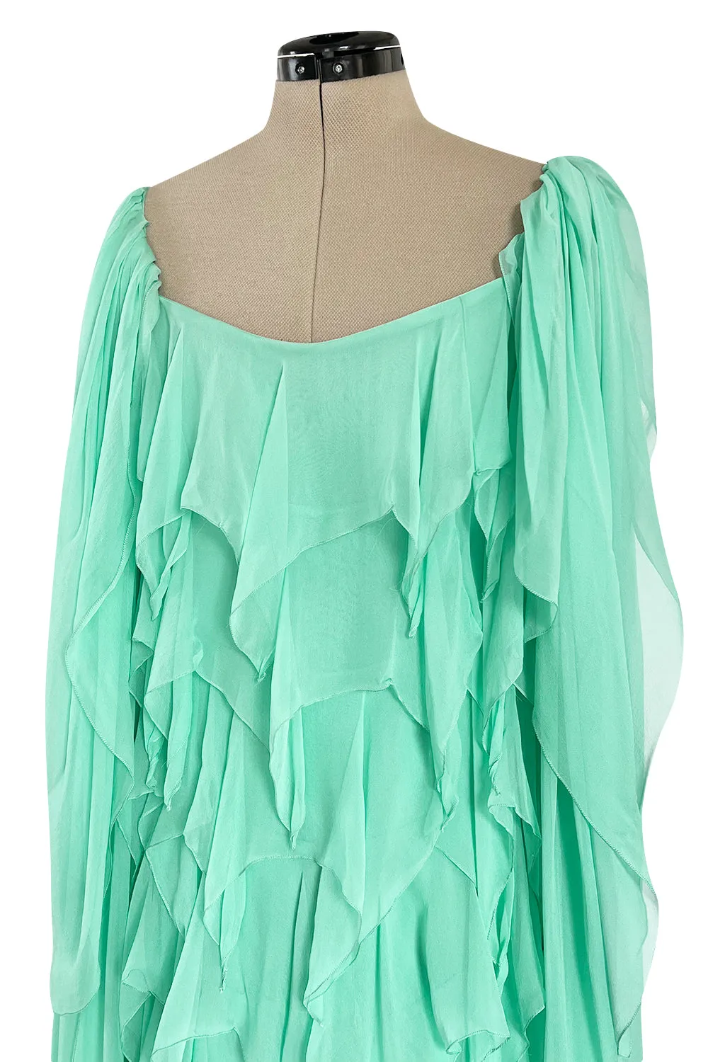 Prettiest 1980s Stavropoulos Soft Mint Green Silk Chiffon Dress w Full Cape Sleeves