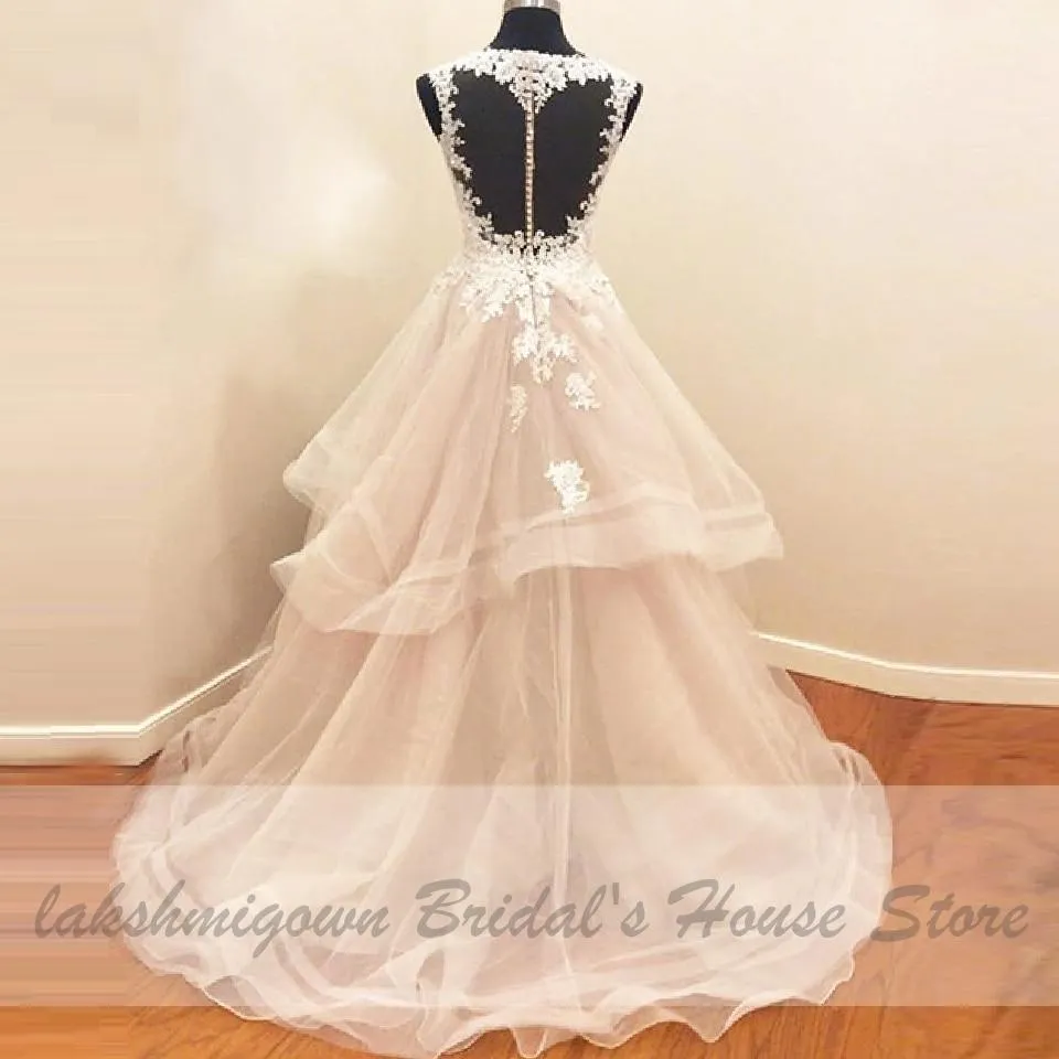 Princess Wedding Gowns Lace Appliques See Through Back Bridal Dress